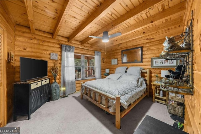 bedroom with rustic walls, wood ceiling, beamed ceiling, and carpet flooring