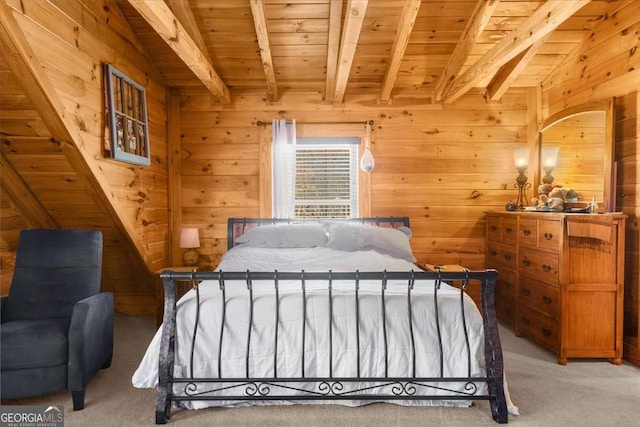 bedroom with wood ceiling, light colored carpet, beamed ceiling, and wood walls