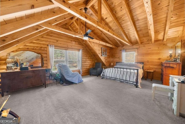 carpeted bedroom featuring wooden walls, wood ceiling, and lofted ceiling with beams