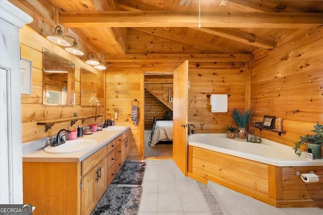 ensuite bathroom featuring ensuite bathroom, wooden ceiling, wood walls, a sink, and double vanity