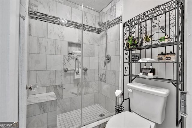 bathroom featuring a stall shower and toilet