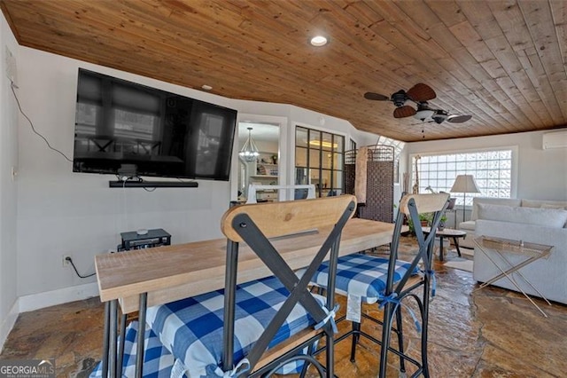 dining space with a ceiling fan, recessed lighting, wood ceiling, and baseboards