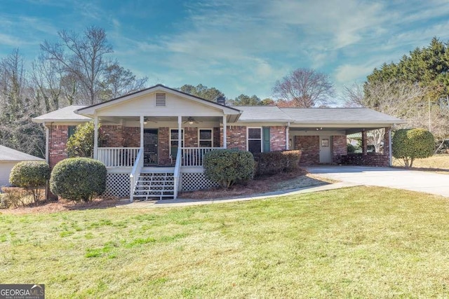 single story home featuring driveway, covered porch, a front lawn, and brick siding