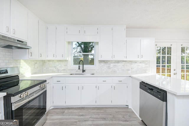 kitchen featuring stainless steel appliances, a sink, light countertops, and under cabinet range hood