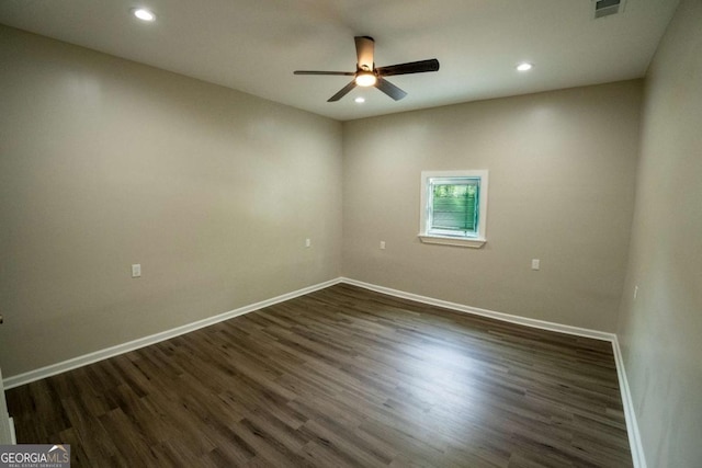 unfurnished room with ceiling fan, dark wood-style flooring, recessed lighting, and baseboards