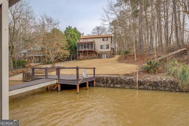 view of dock with a water view and stairs