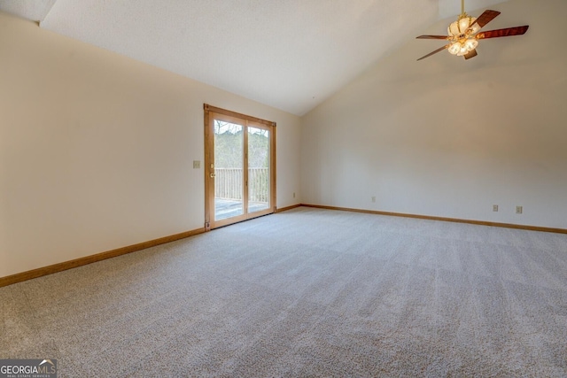 empty room featuring a ceiling fan, baseboards, and carpet flooring