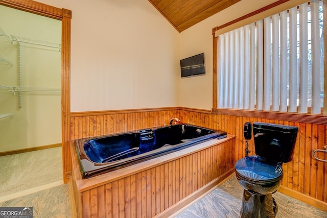 misc room with lofted ceiling, a wainscoted wall, wood walls, and carpet