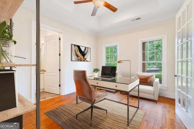 office area featuring a tray ceiling, visible vents, baseboards, and wood finished floors