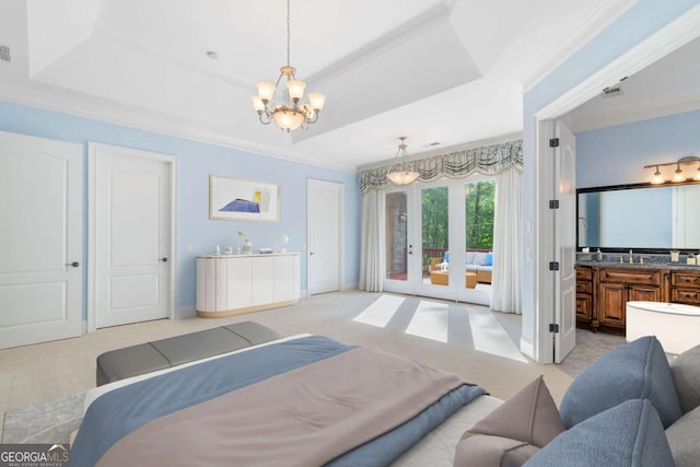 bedroom featuring light carpet, access to exterior, an inviting chandelier, a raised ceiling, and crown molding