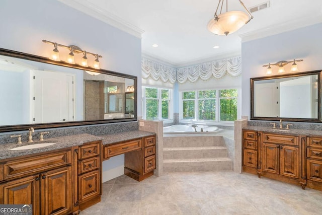 bathroom featuring a garden tub, visible vents, a sink, and ornamental molding