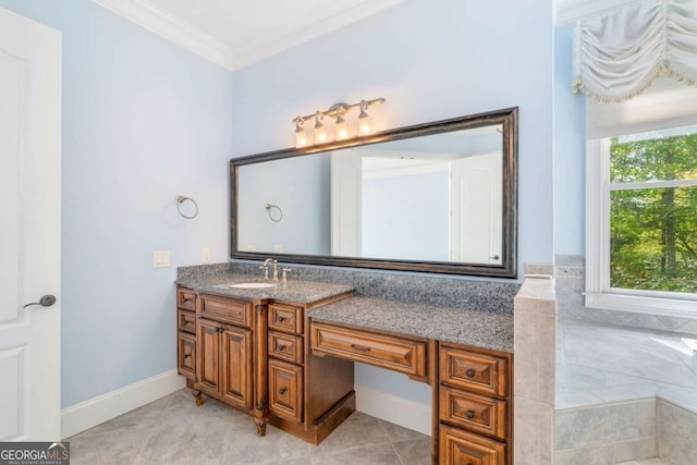 full bathroom featuring baseboards, ornamental molding, vanity, and tile patterned floors