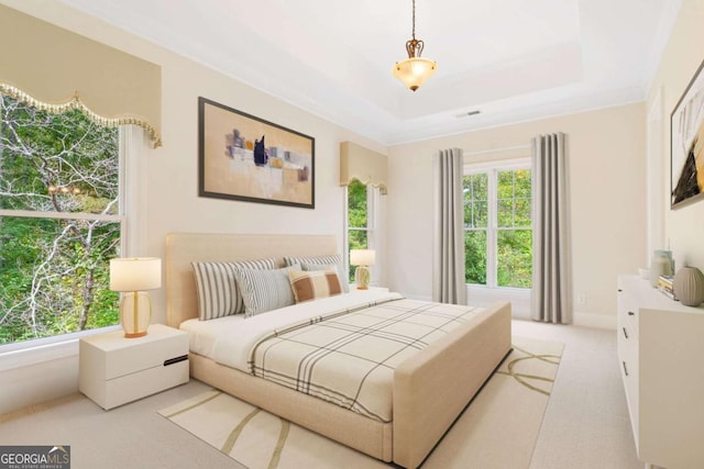 bedroom with a raised ceiling, light colored carpet, and visible vents