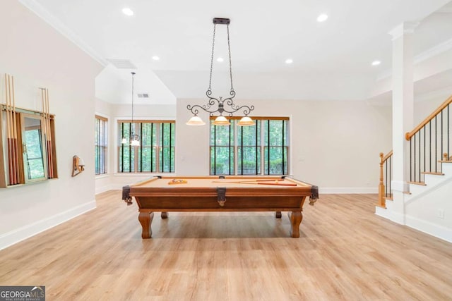 recreation room featuring baseboards, billiards, and light wood-style floors