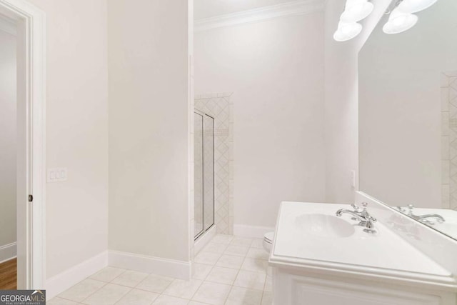 full bath featuring toilet, a stall shower, ornamental molding, and tile patterned floors