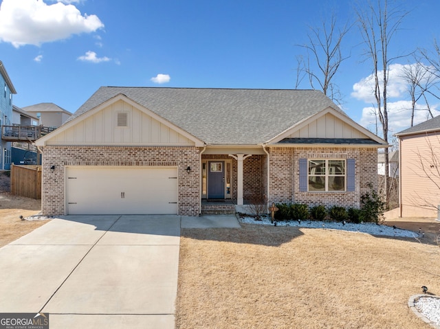 view of front of home featuring brick siding, a shingled roof, an attached garage, fence, and driveway