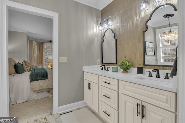 full bathroom with a sink, marble finish floor, ensuite bath, and ornamental molding