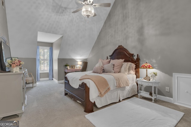 bedroom featuring visible vents, baseboards, light colored carpet, and a ceiling fan