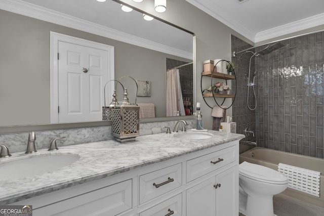 full bathroom with crown molding, shower / tub combo, double vanity, and a sink