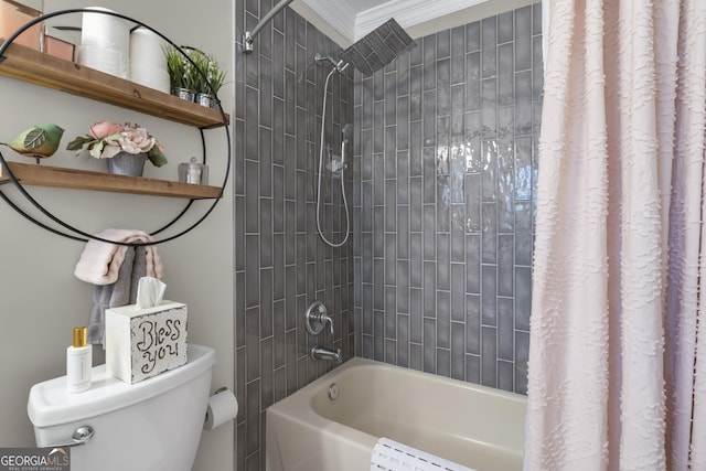 bathroom with crown molding, toilet, and shower / tub combo with curtain