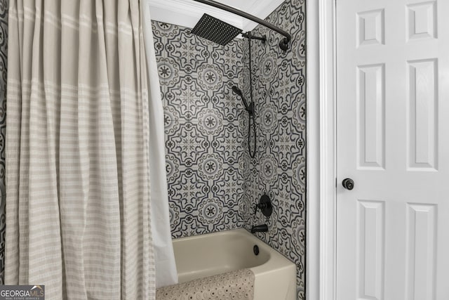 full bathroom with shower / bathtub combination with curtain