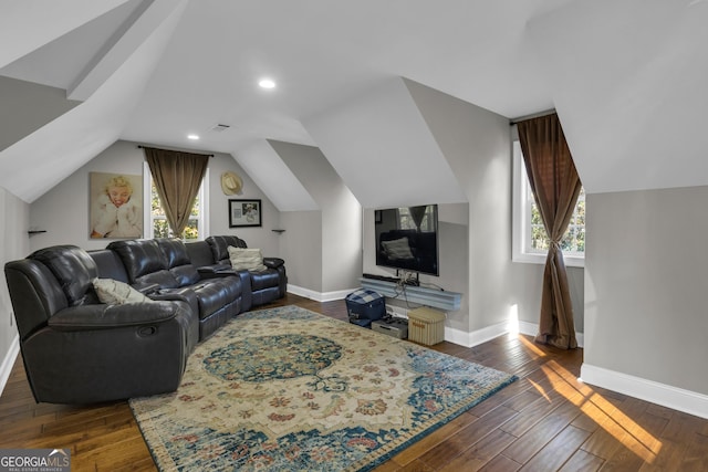 living area featuring visible vents, baseboards, lofted ceiling, recessed lighting, and dark wood-style flooring