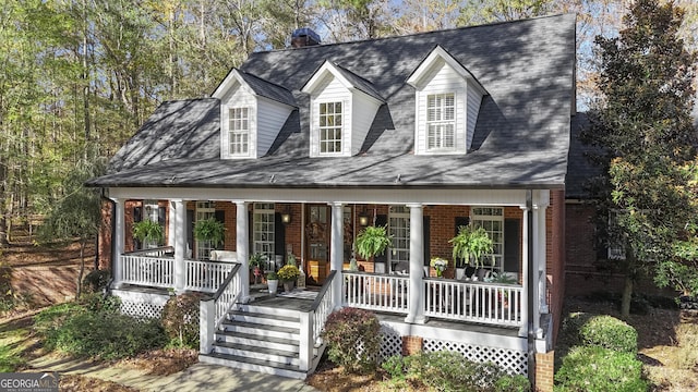 new england style home with brick siding and covered porch