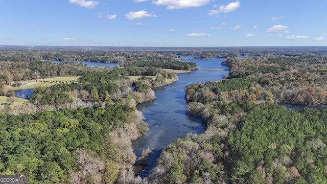 aerial view with a forest view and a water view