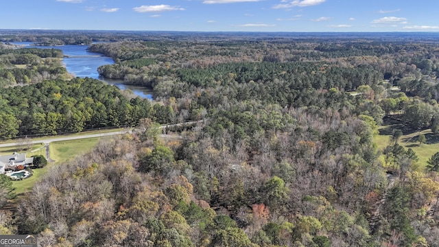 bird's eye view with a forest view and a water view