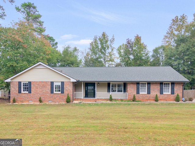 single story home with crawl space, covered porch, a front lawn, and brick siding