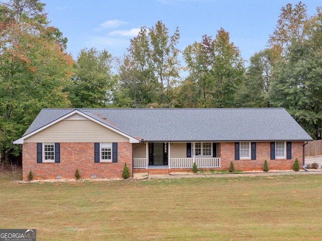 single story home with crawl space, covered porch, a front lawn, and brick siding