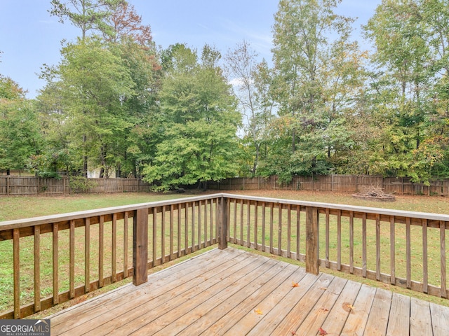 deck with a fenced backyard and a yard