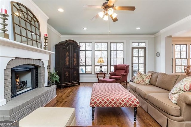 living room with crown molding, wood finished floors, ceiling fan, and a brick fireplace