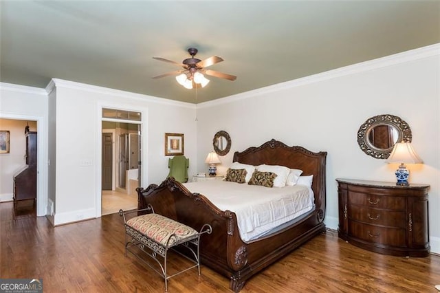 bedroom with ornamental molding, baseboards, a ceiling fan, and wood finished floors