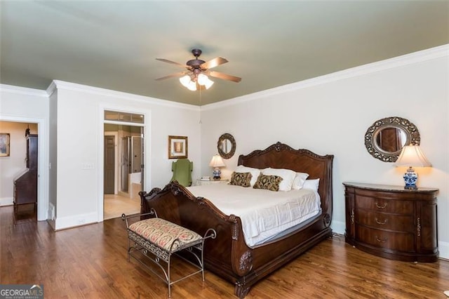 bedroom with a ceiling fan, crown molding, baseboards, and wood finished floors