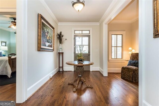 entrance foyer with wood finished floors, crown molding, and ceiling fan