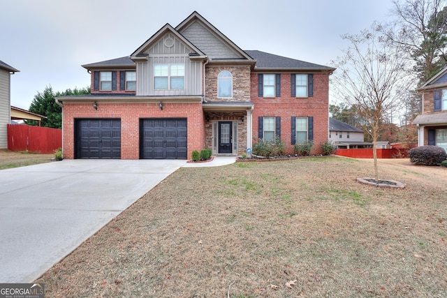 view of front of house featuring a garage, brick siding, driveway, a front lawn, and board and batten siding