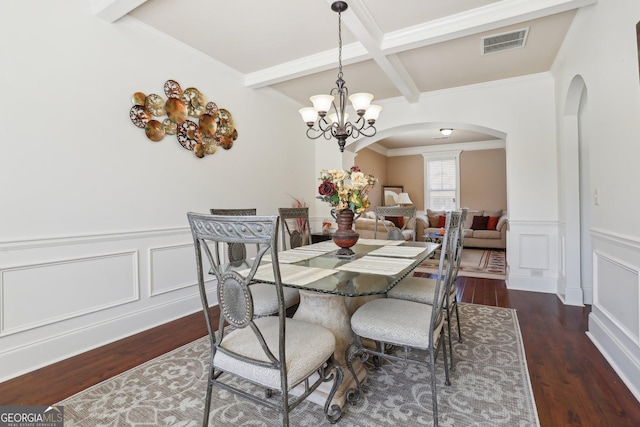 dining room featuring arched walkways, dark wood-style flooring, a wainscoted wall, visible vents, and beamed ceiling