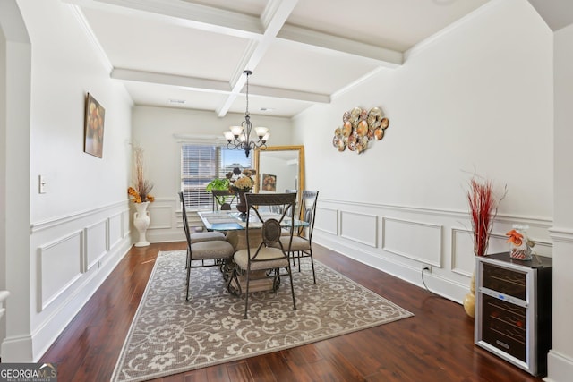 dining room with a decorative wall, coffered ceiling, beam ceiling, dark wood finished floors, and an inviting chandelier