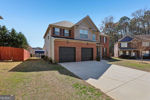 view of front of home featuring concrete driveway, brick siding, an attached garage, and fence