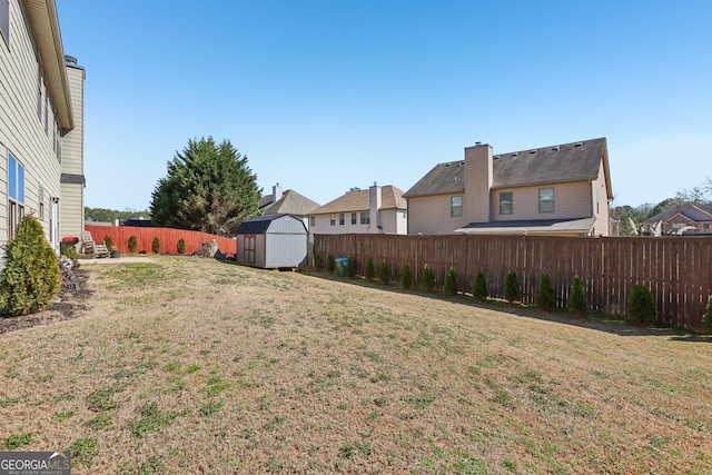 view of yard featuring a storage shed, an outbuilding, and a fenced backyard