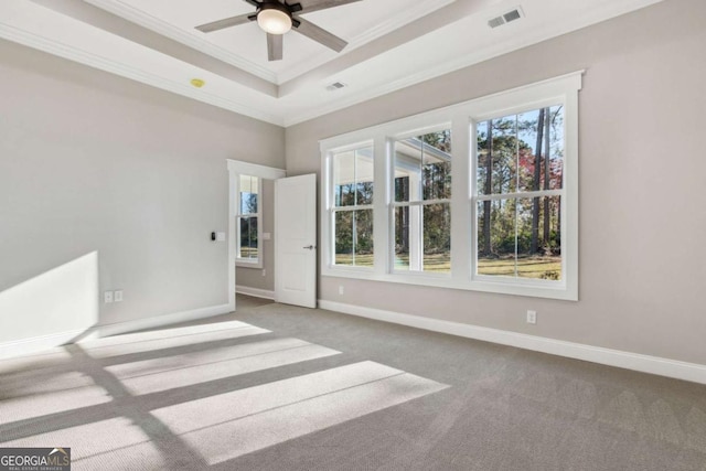 empty room featuring plenty of natural light, a raised ceiling, visible vents, and crown molding