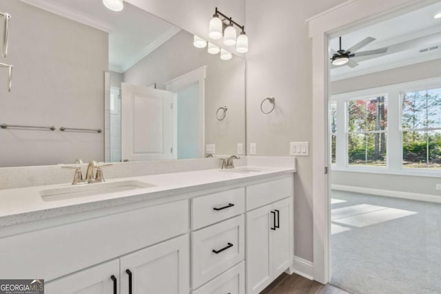 bathroom with double vanity, crown molding, and a sink