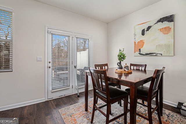 dining room featuring dark wood-style floors and baseboards