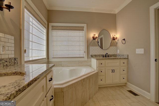 full bath with ornamental molding, a sink, visible vents, and tasteful backsplash