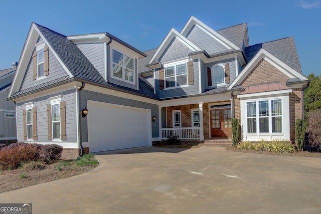 craftsman-style house featuring a porch, an attached garage, a shingled roof, brick siding, and concrete driveway