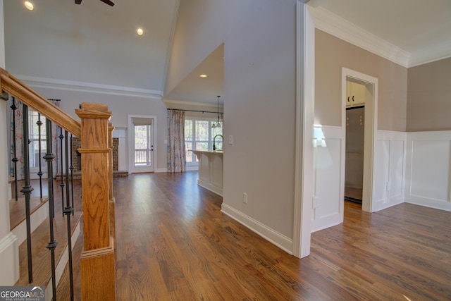 entrance foyer with dark wood finished floors, a wainscoted wall, ornamental molding, stairs, and a decorative wall