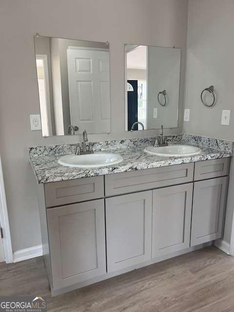 bathroom featuring double vanity, wood finished floors, and a sink