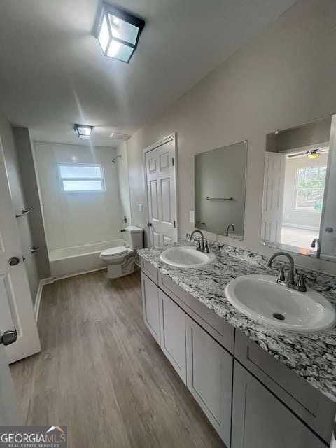 bathroom featuring plenty of natural light, double vanity, a sink, and wood finished floors