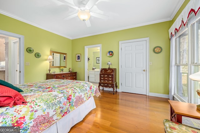 bedroom featuring ensuite bath, light wood-style flooring, ornamental molding, and baseboards